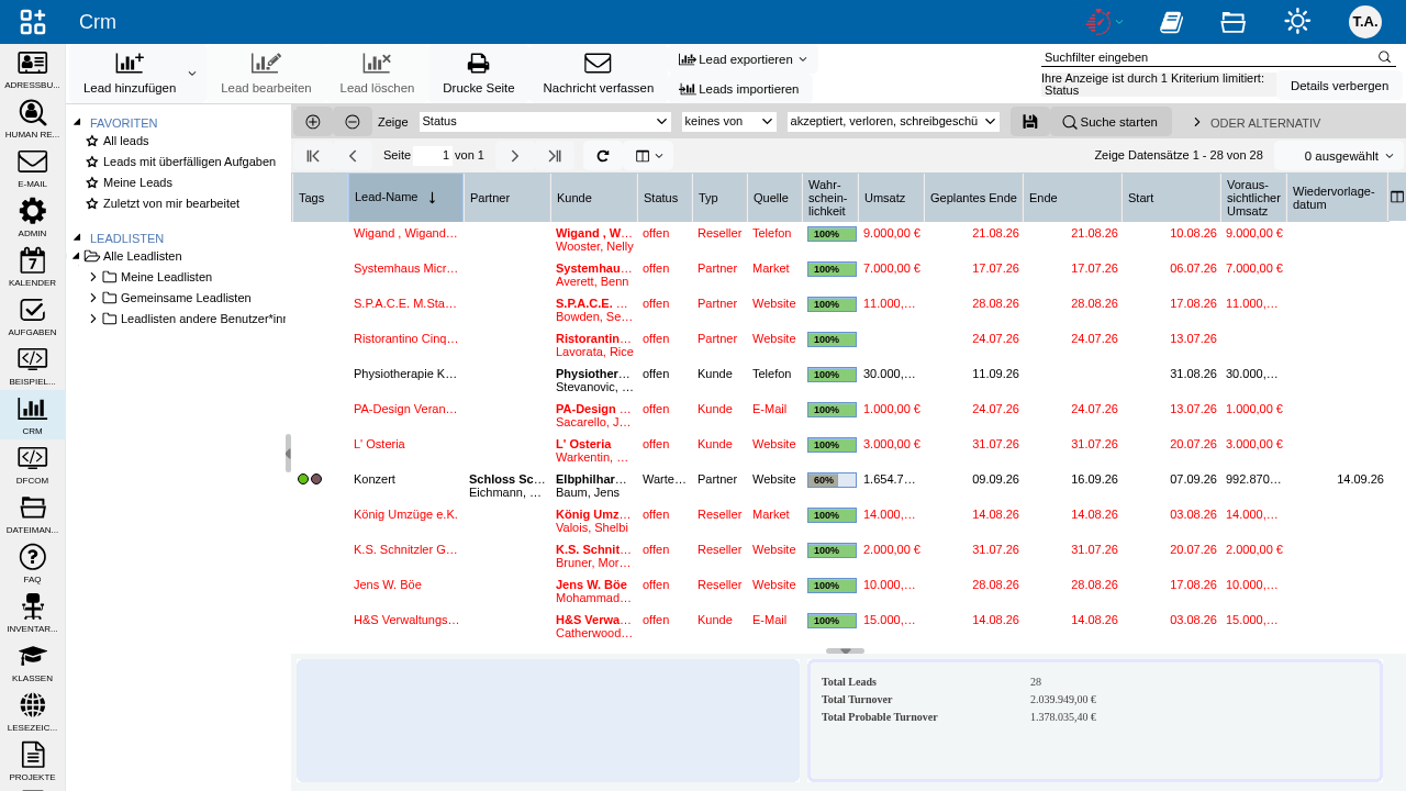 Abbildung: CRM mit Lead-Tabelle und Diagrammen