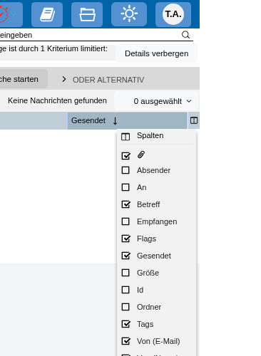 Abbildung: Alle anzeigbaren Spalten der E-Mail-Anwendung