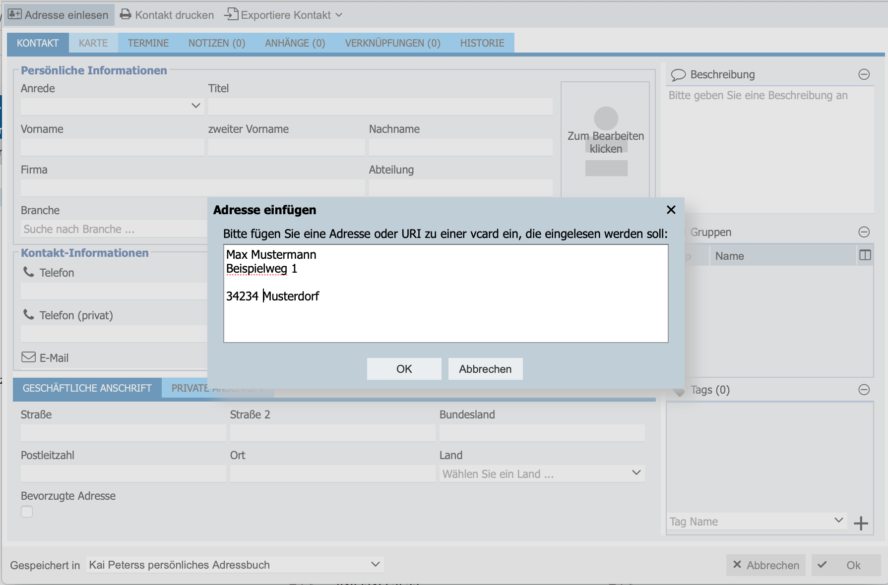 Abbildung: Kontakte können per Drag & Drop über die Zwischenablage bequem eingelesen werden.