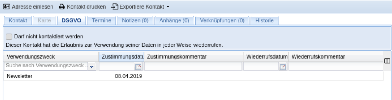 Abbildung: DSGVO Reiter in Kontakten