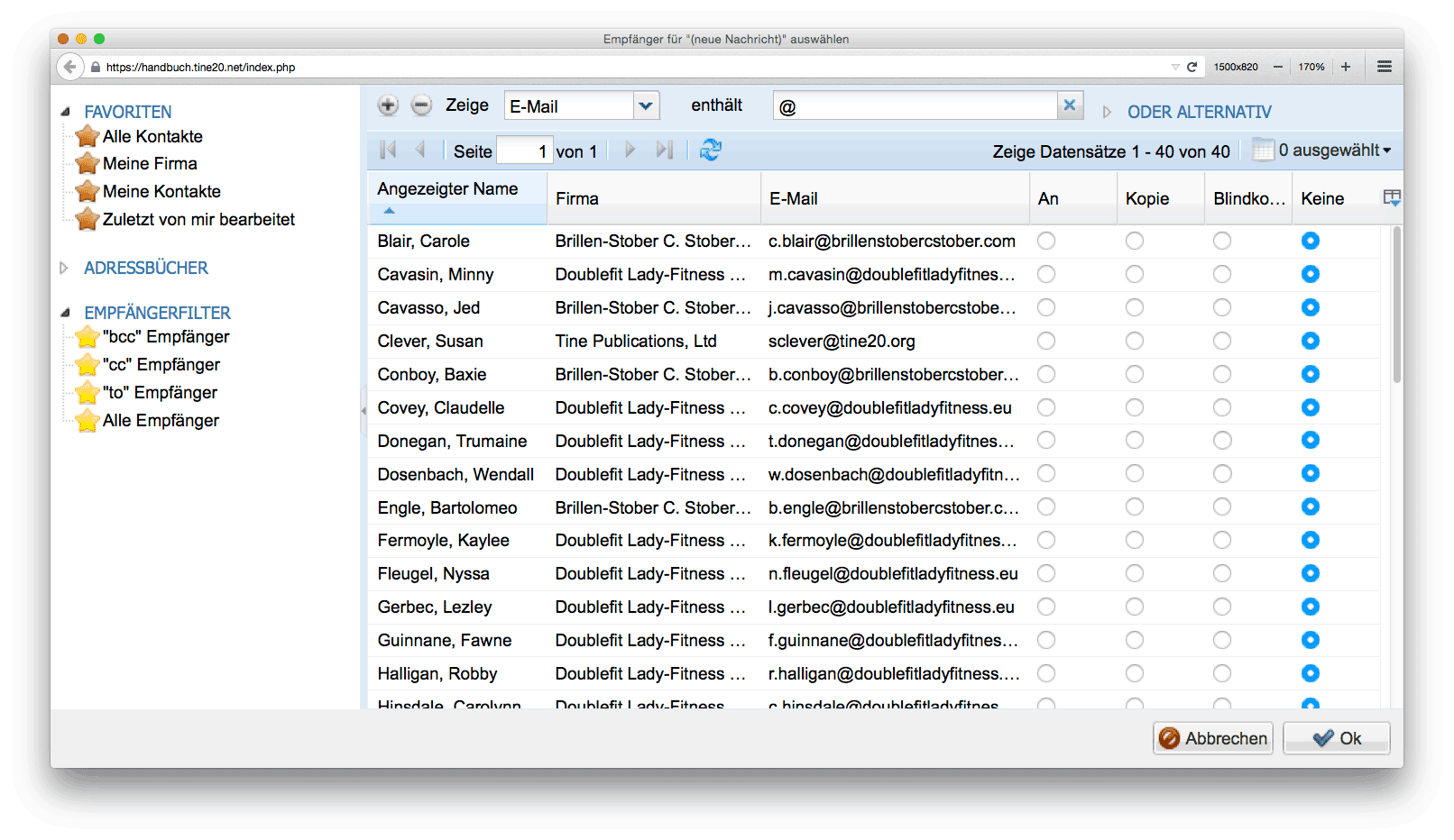Abbildung: Auswahl von E-Mail-Empfängern aus bestehenden Kontakten über Filter