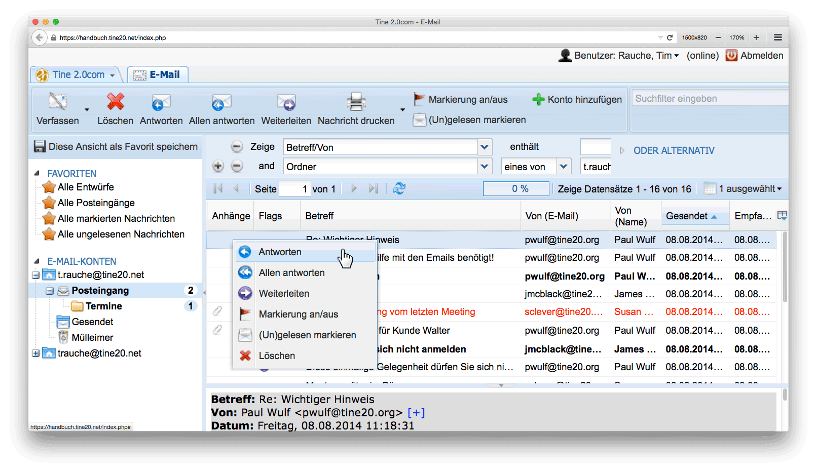 Abbildung: Kontextmenü beim Rechtsklick auf eine E-Mail