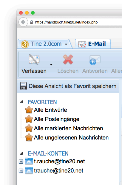 Abbildung: Die linke Seite der E-Mail-Anwendung mit Favoriten und E-Mail-Konten