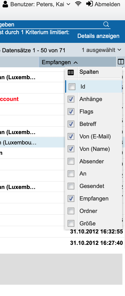 Abbildung: Alle anzeigbaren Spalten der E-Mail-Anwendung