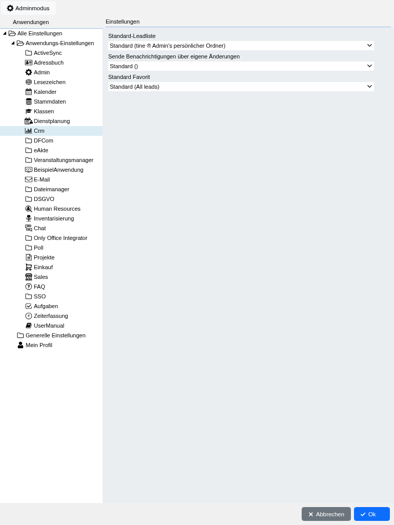 Abbildung: Die Nutzereinstellungen für die "CRM"-Anwendung.