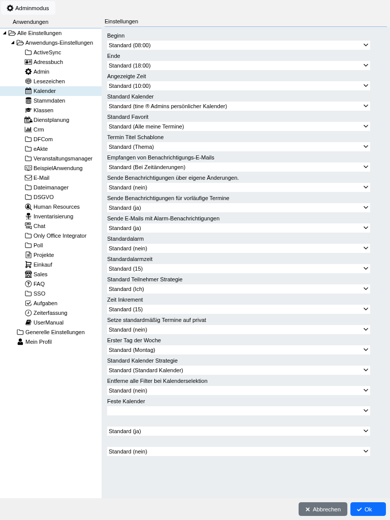 Abbildung: Die Nutzereinstellungen für den "Kalender".